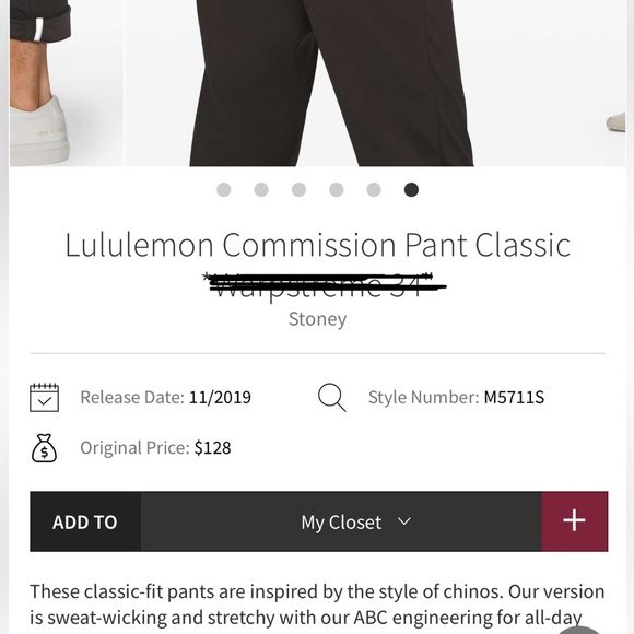 Lululemon Men's Commission Warpstreme Pant Size 33 in Stoney Gray - Picture 12 of 15